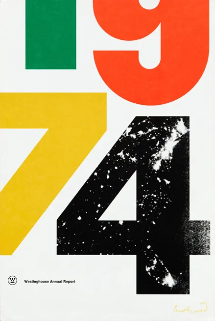 Swiss-style poster: huge numerals 1974 in green, orange, yellow and black.