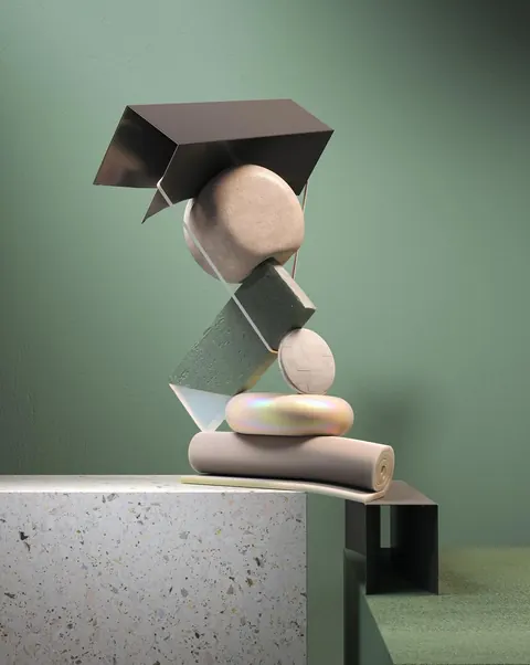3D render of stacked, balanced objects (stone, metal sheet, pastel shapes) on a terrazzo plinth against sage green.