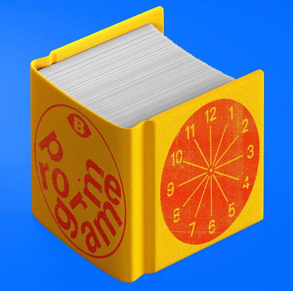 3D render of a thick yellow book with an orange clock stamp and the word "programme" on blue.