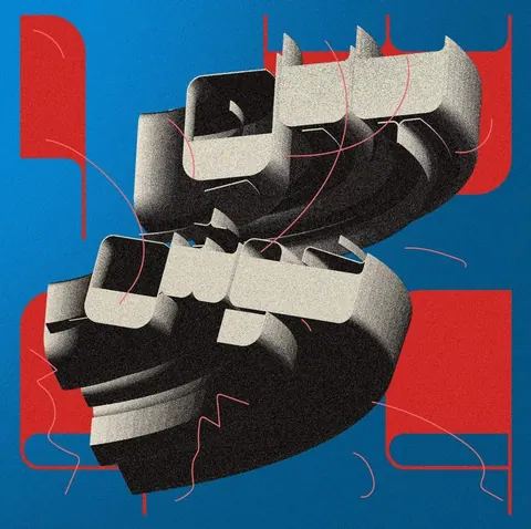 Grainy 3D extruded letterforms twisting on a red and blue background with thin red threads.