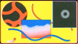 Playful abstract shapes (orange swirl, gradient wave, dark square) on a yellow card.