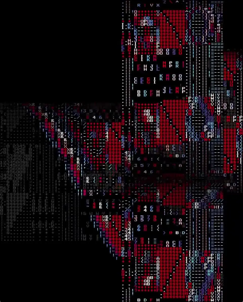 60 s loop: dense ASCII-character glitch patterns in magenta, blue and white on black, letters and symbols forming and breaking.