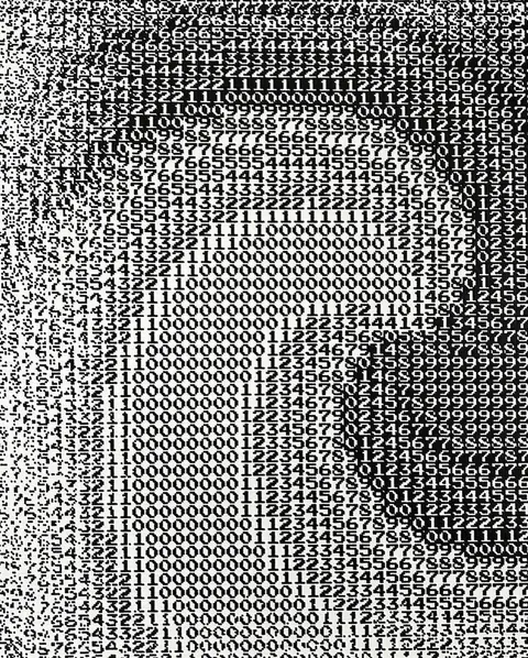 Black-and-white field of numbers whose density forms a gradient shape, like ASCII art.