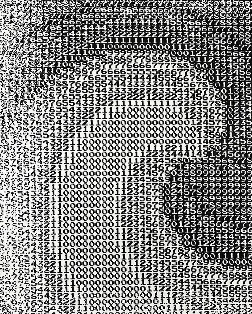 Black-and-white field of numbers whose density forms a gradient shape, like ASCII art.