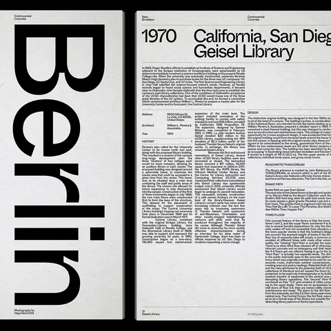 Swiss editorial spread: giant vertical "Berlin" and an article on the Geisel Library.