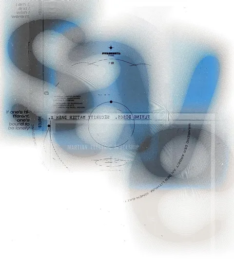 Pale poster with blurred blue letterforms, rings and technical microtype.