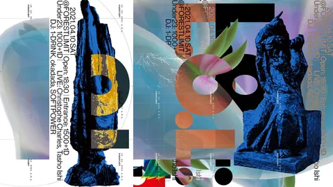 Two Japanese club posters: blue scanned sculptures, pastel gradients and dense event text.