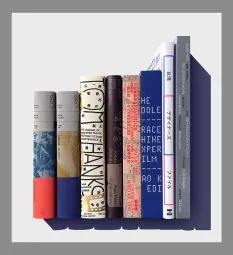 Row of designed book spines standing on white.