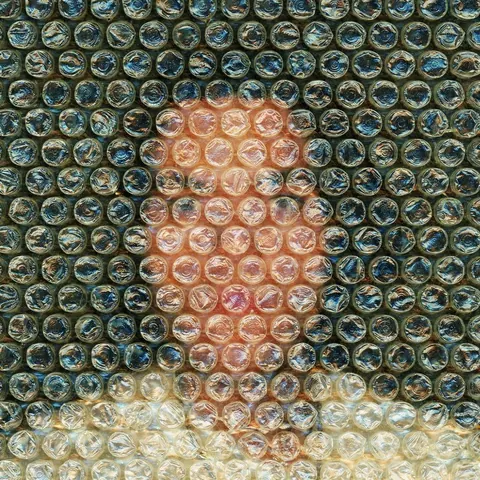 Portrait photographed through bubble wrap, face dissolved into a grid of glowing bubbles.