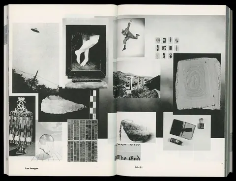 Black-and-white photobook spread of found images: stones, legs, a UFO, textures.