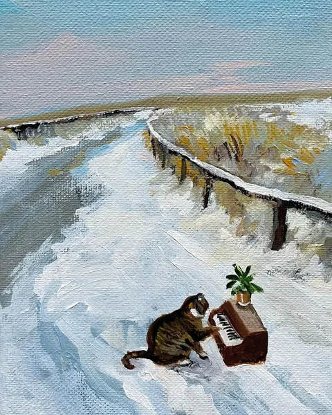 Oil painting of a cat playing an upright piano on a snowy country road.