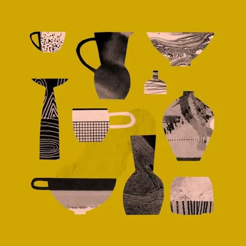 Flat illustration of textured jugs, vases and cups arranged on a mustard-yellow ground.