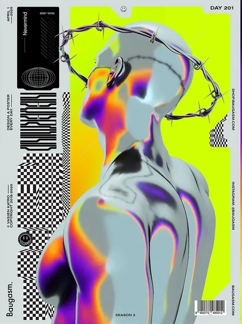Poster: chrome 3D figure with an iridescent gradient and barbed-wire halo on neon yellow.