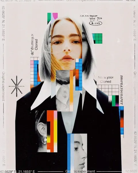 Portrait collage of a woman in a white collar sliced with coloured pixel blocks, grids and handwritten notes ("Cloned").