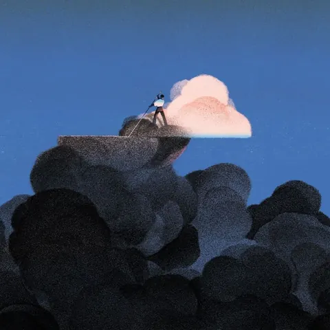 Grainy illustration: a tiny figure scrubbing a pink cloud clean above a mass of dark storm clouds on blue.