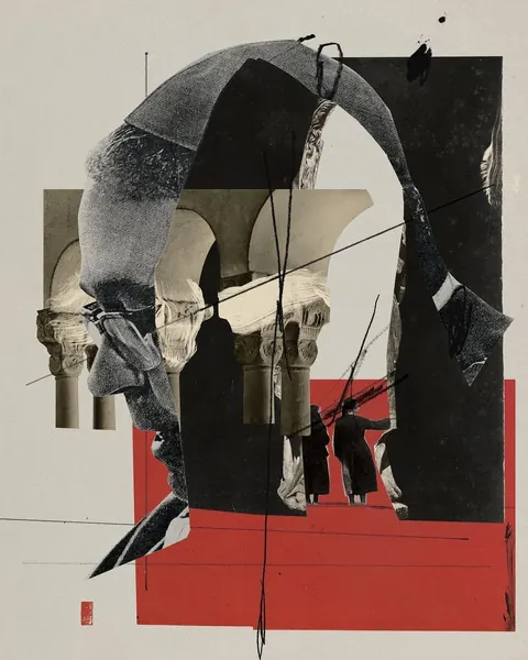 Mixed-media collage: a man's profile fused with classical stone arches, torn black paper shapes and a red block on cream paper.