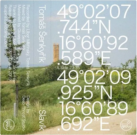 Album cover with huge GPS-coordinate typography over a green hilltop landscape photo.