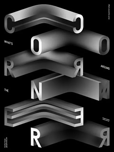 Black poster with chrome 3D letters spelling CORNER, "What's around the corner".