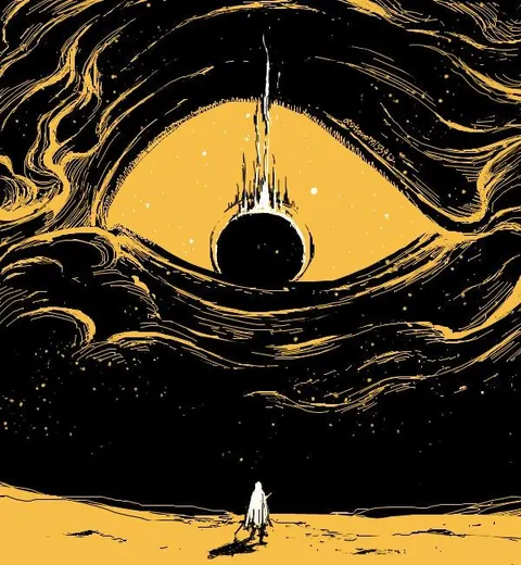 Gold-and-black illustration: a huge cosmic eye in the sky above a small cloaked figure.