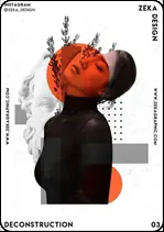 Poster "DECONSTRUCTION": a figure with an orange sun over the face, flowers and grey blocks.