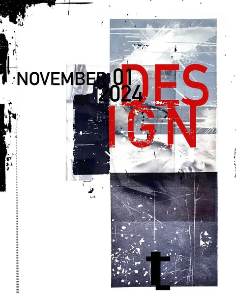 Grunge typographic poster: "DESIGN" in red with "NOVEMBER 01 2024", torn textures and ink splatter.