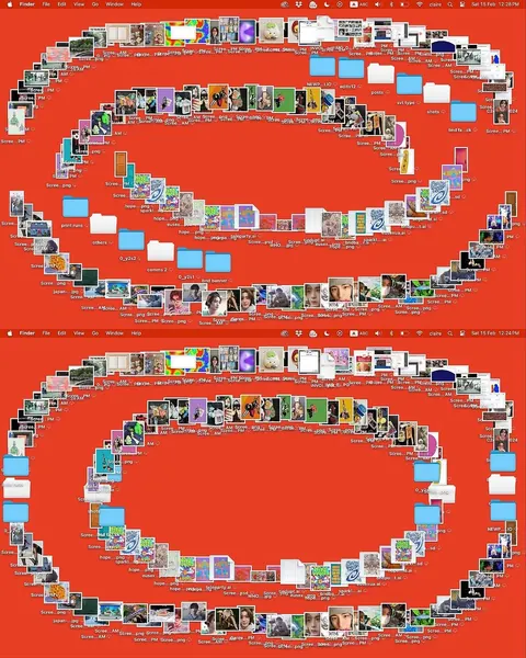Screenshot of a computer desktop where hundreds of image and folder icons are arranged into looping oval paths on a red background.
