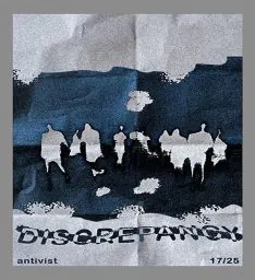 Torn poster "DISCREPANCY" with a blue band of silhouetted figures.