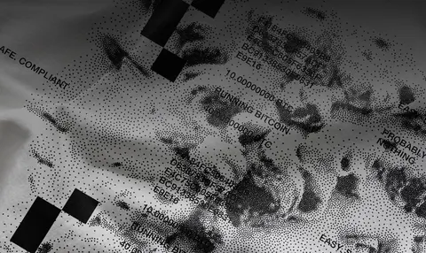 Grey dithered texture with pixel blocks and scattered tech text.