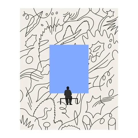 Dense black line doodles framing a blank blue rectangle, with a tiny figure sitting on a bench in front of it.