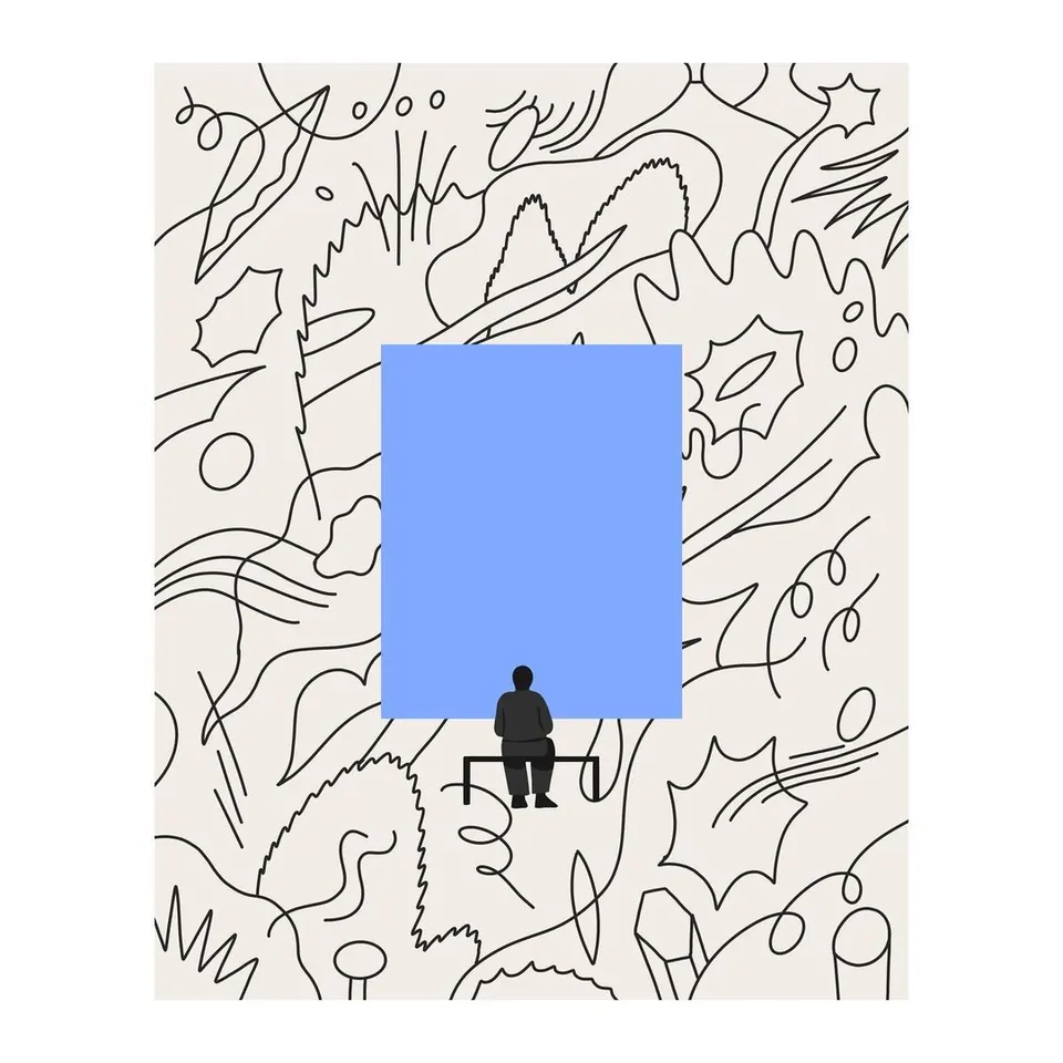 Dense black line doodles framing a blank blue rectangle, with a tiny figure sitting on a bench in front of it.