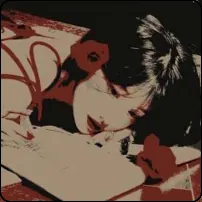 Duotone red-brown image of a person resting their head on a desk among papers.