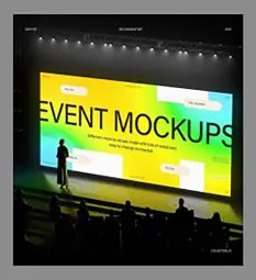 Presenter silhouetted before a huge neon-gradient screen reading EVENT MOCKUPS.