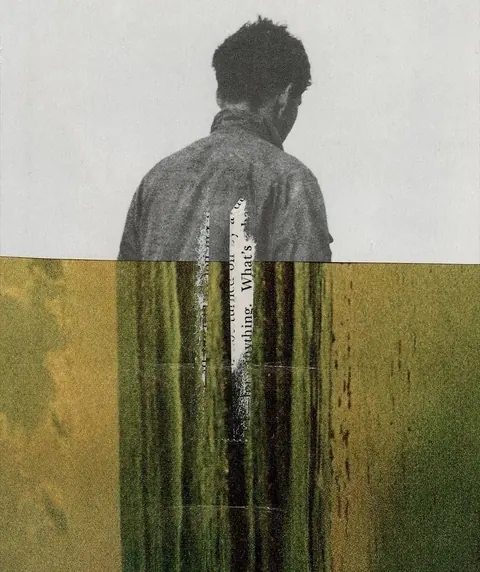 Collage of a man's back in black-and-white above olive-green paper with vertical paint drips and tiny text.