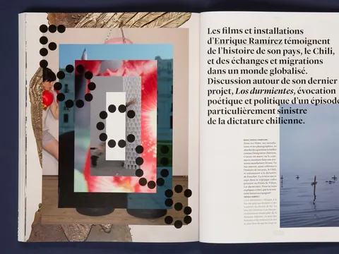 Open magazine spread: a dotted collage page next to French text about an artist's films.