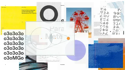 Collage of Swiss-style layouts for AI research papers ("Improving Language Understanding by Generative Pre-Training"), ferris wheel photo, blue gradients.
