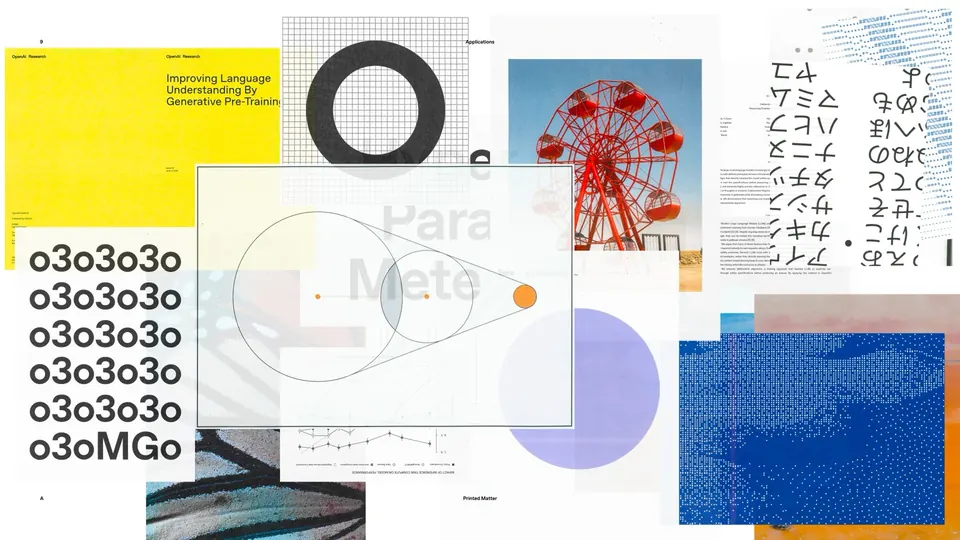Collage of Swiss-style layouts for AI research papers ("Improving Language Understanding by Generative Pre-Training"), ferris wheel photo, blue gradients.