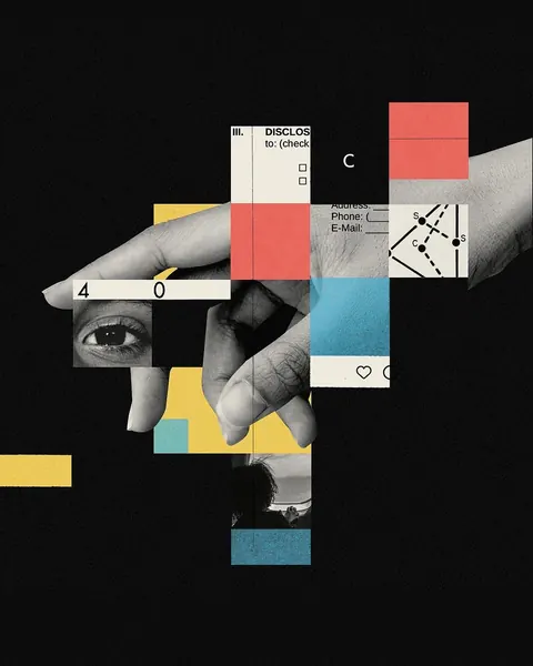 Collage on black: a hand, an eye, form fragments and red, blue and yellow squares on a loose grid.