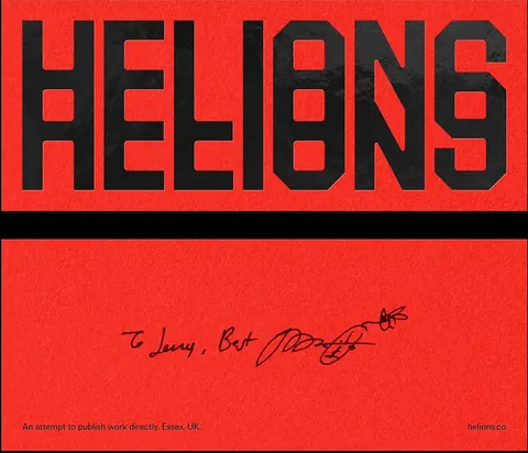 Red poster with heavy black stencil type "HELIONS".