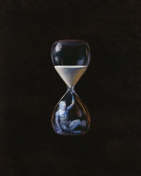 Hourglass on black where a small classical sculpture of a man holds up the sand in the lower bulb.