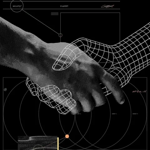 Halftone photographic hand shaking a white wireframe 3D hand on black, with thin technical UI lines.