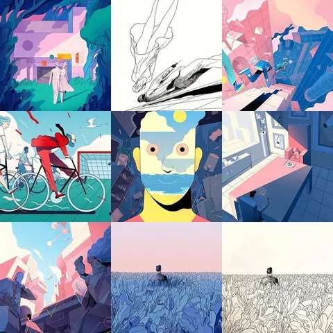 Grid of nine editorial illustrations in pastel blues and pinks: cyclists, faces, architecture, figures in fields.