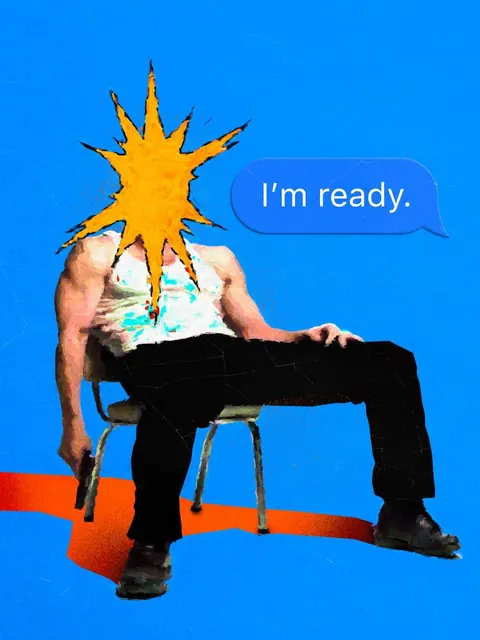Collage of a seated man whose head is a yellow explosion, with a chat bubble "I'm ready." on blue.