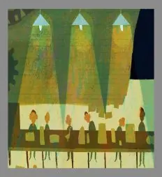 Illustration of a panel at a long table under three spotlights, in green and ochre.