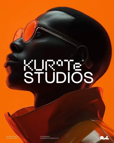 Orange poster of a man in glasses with "KURATE STUDIOS" type.