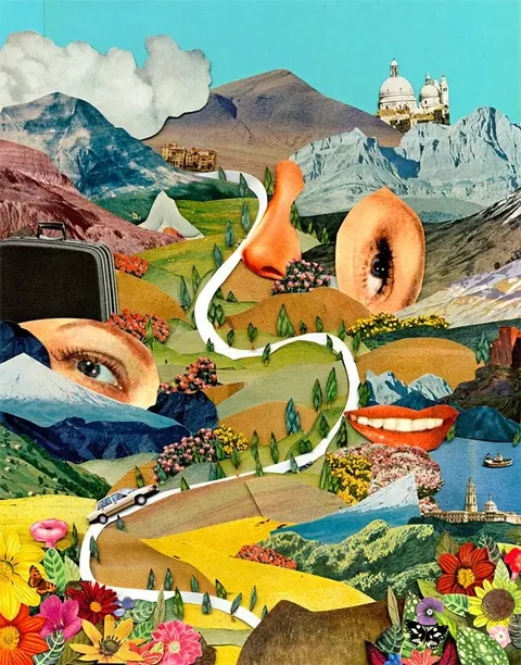 Colourful paper collage landscape where mountains, roads and flowers form a face with an eye, nose and smiling mouth.