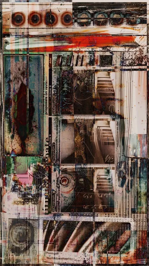 Dense layered collage of rusted metal, speakers, staircases and paint strips.