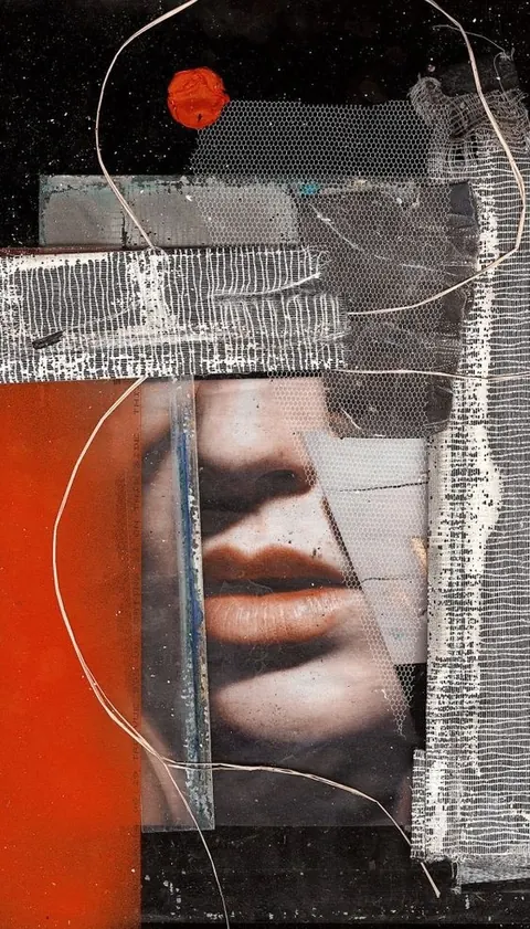 Mixed-media collage: torn tape, mesh, copper wire, a red dot and a cut-out of lips.