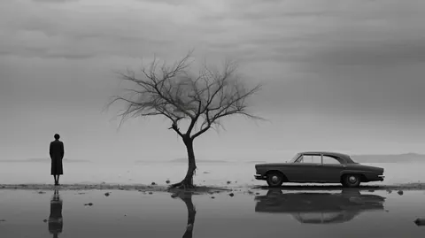 Minimal black-and-white landscape: a lone figure, a bare tree and a vintage car on reflective flats.