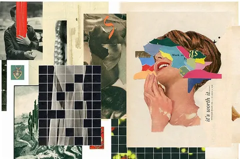 Magazine cut-out collage: a smiling woman whose face is covered by colourful paper shapes, grids and plants.