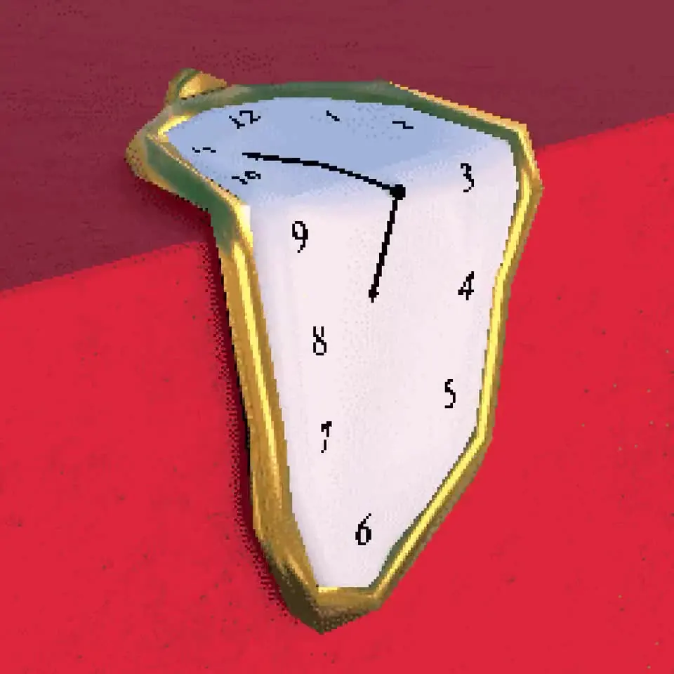 Short 3D loop with audio: a melting gold-rimmed clock (Dalí homage) drooping over a red ledge.